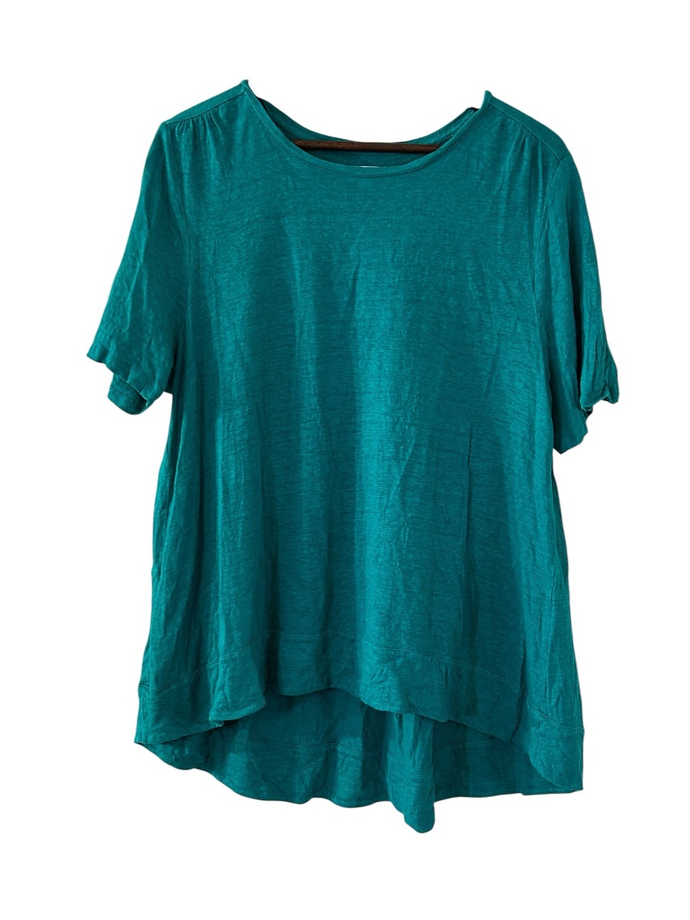 Chico’s 3 (XL) Teal 100% Linen Hi-Low Tiered Tunic Top Short Sleeve